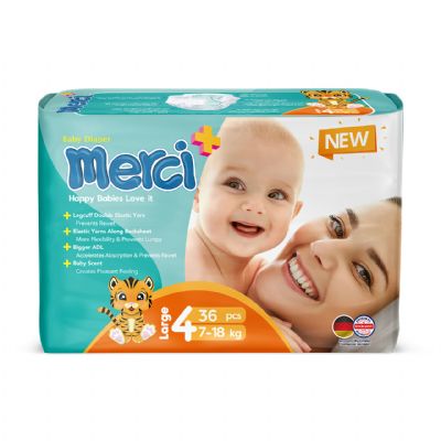 Merci-Baby Diaper Maxi Size 36 Pcs 4packs with wet wipe- old back sheet