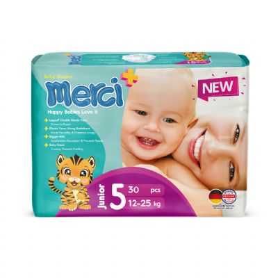 Merci--Baby Diaper  Junior Size 30 Pcs 4 packs with wet wipe-old backsheet